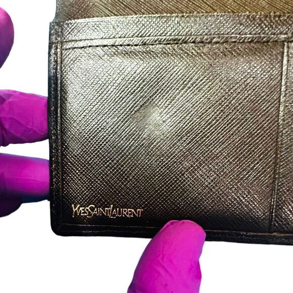 YSL YVES SAINT LAURENT Dark Brown Goldtone Saffiano Leather Kisslock Wallet Bag - Picture 4 of 13